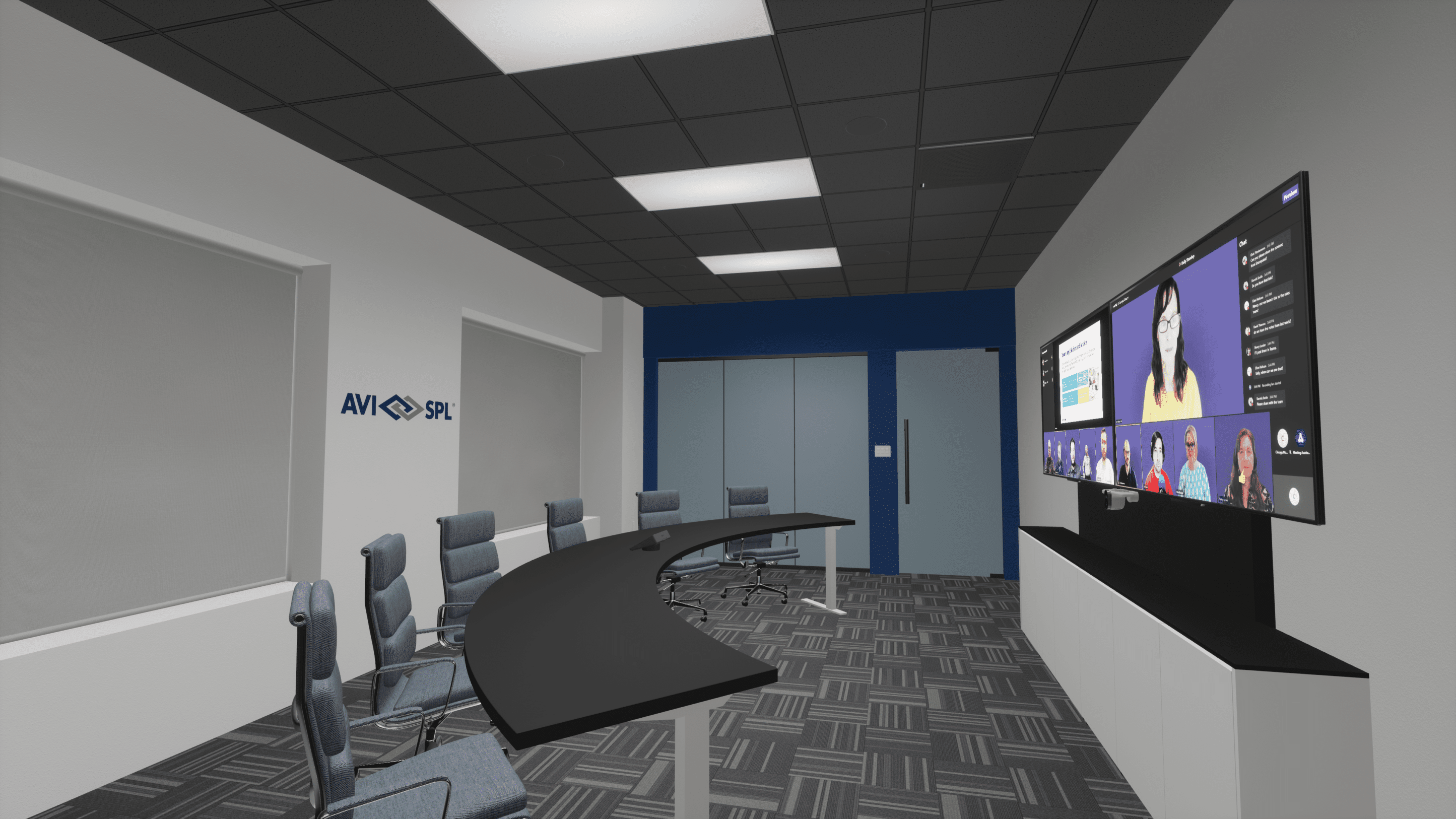 Modern conference room with a curved table, office chairs, a large screen for video calls, patterned carpet, and neutral walls.