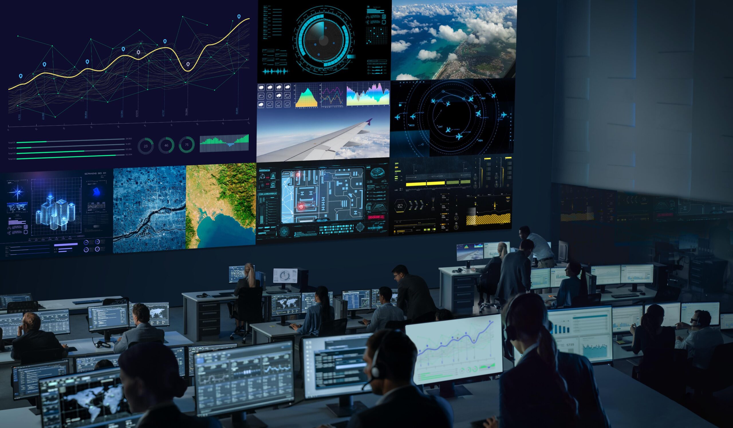 Control room: team at stations, large screens show graphs/maps/images; dim lighting, focused and busy atmosphere.