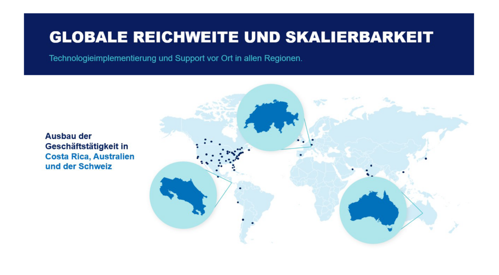 Ankündigungsgrafik von AVI-SPL zur Expansion in Costa Rica, Australien und der Schweiz mit Weltkarte, vernetzten Standortmarkierungen und Markenfarben in Dunkelblau und Türkis