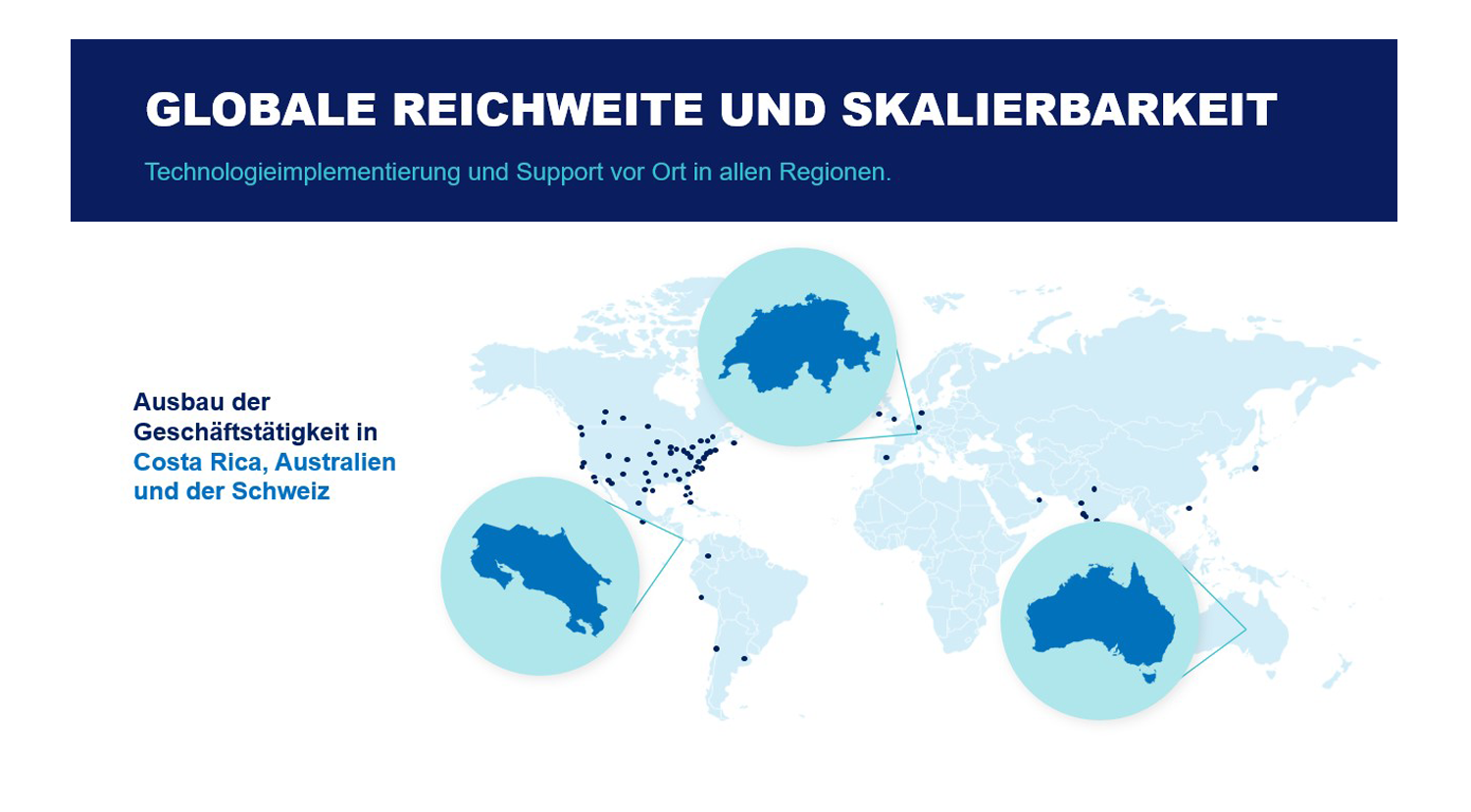 Ankündigungsgrafik von AVI-SPL zur Expansion in Costa Rica, Australien und der Schweiz mit Weltkarte, vernetzten Standortmarkierungen und Markenfarben in Dunkelblau und Türkis